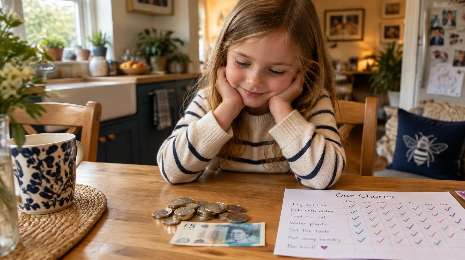 An eight year old girl smiling at a pile of pound coins she earned, next to her ticked off chore chart on the kitchen table